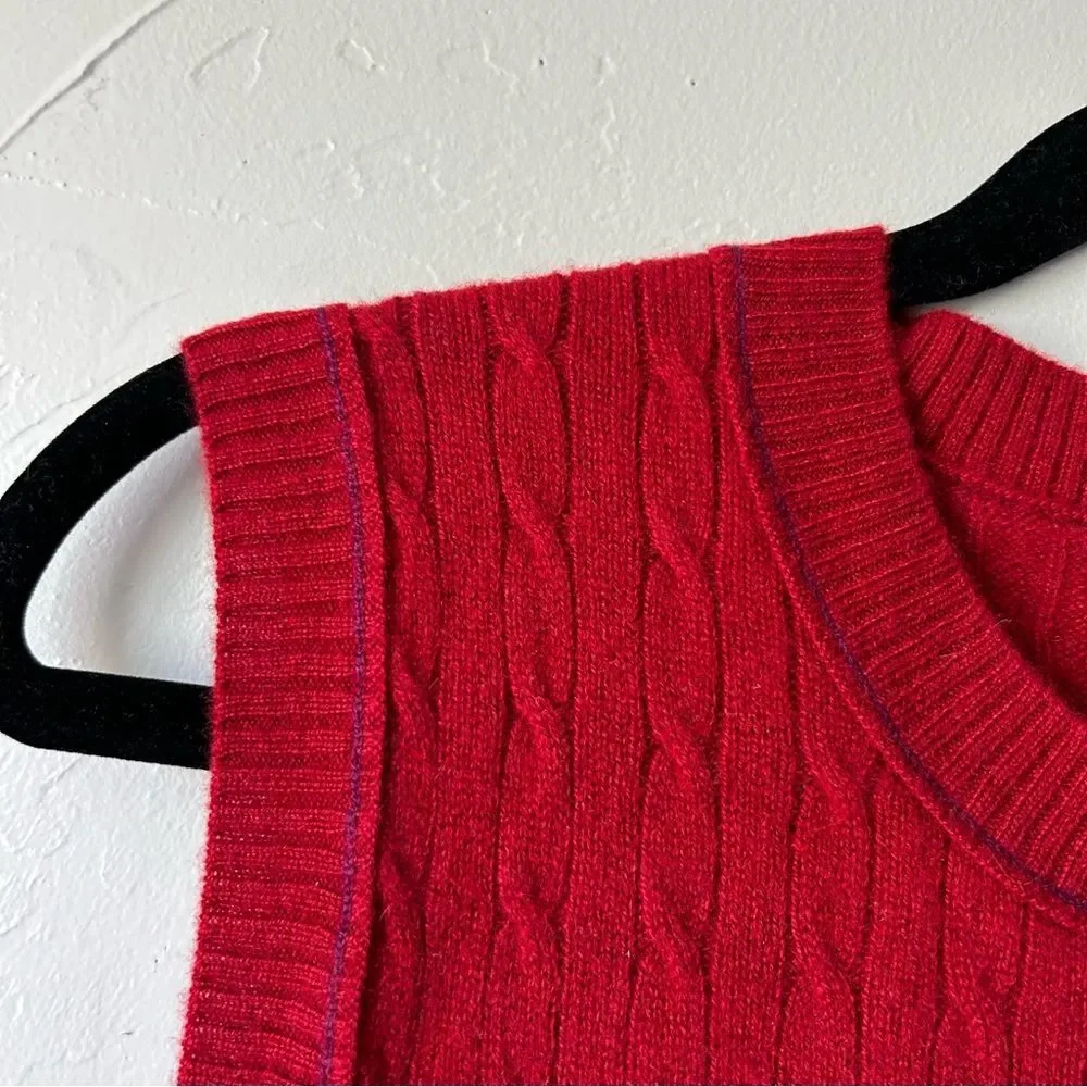 J. Crew Cashmere Cable Knit Sweater Shell Contrast Trim Red Preppy Fisherman